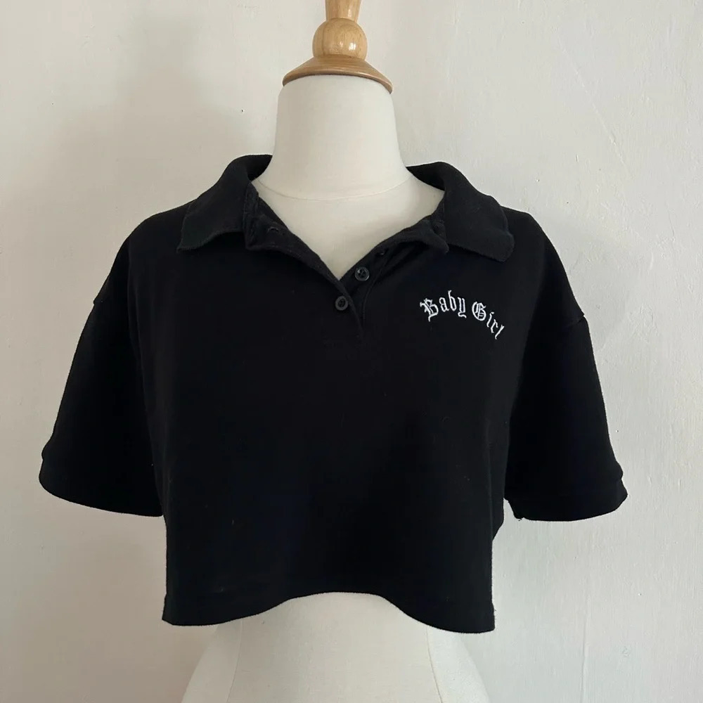 Faded Rose Women T-Shirt Polo Crop Top Sz Med Black Collared Stretch Baby Girl